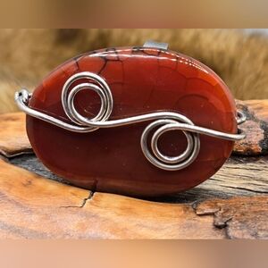 Artisan Stone Ring Wire Wrapped Polished Carnelian Adjustable Band EUC